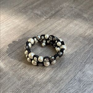 Pearl and Smoky Bead Stretch Bracelet - Black and Cream